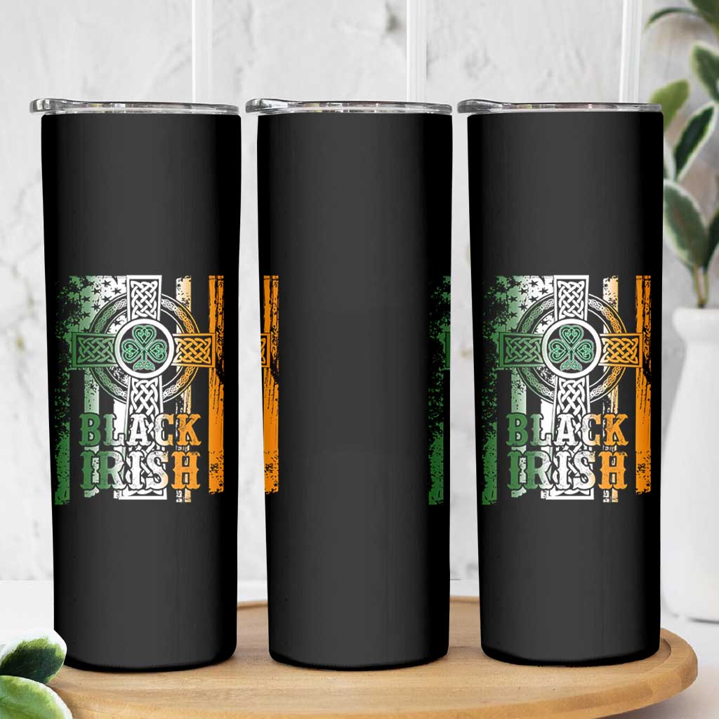 St Patrick's Day Black Irish Skinny Tumbler Vintage American Flag Celtic Cross