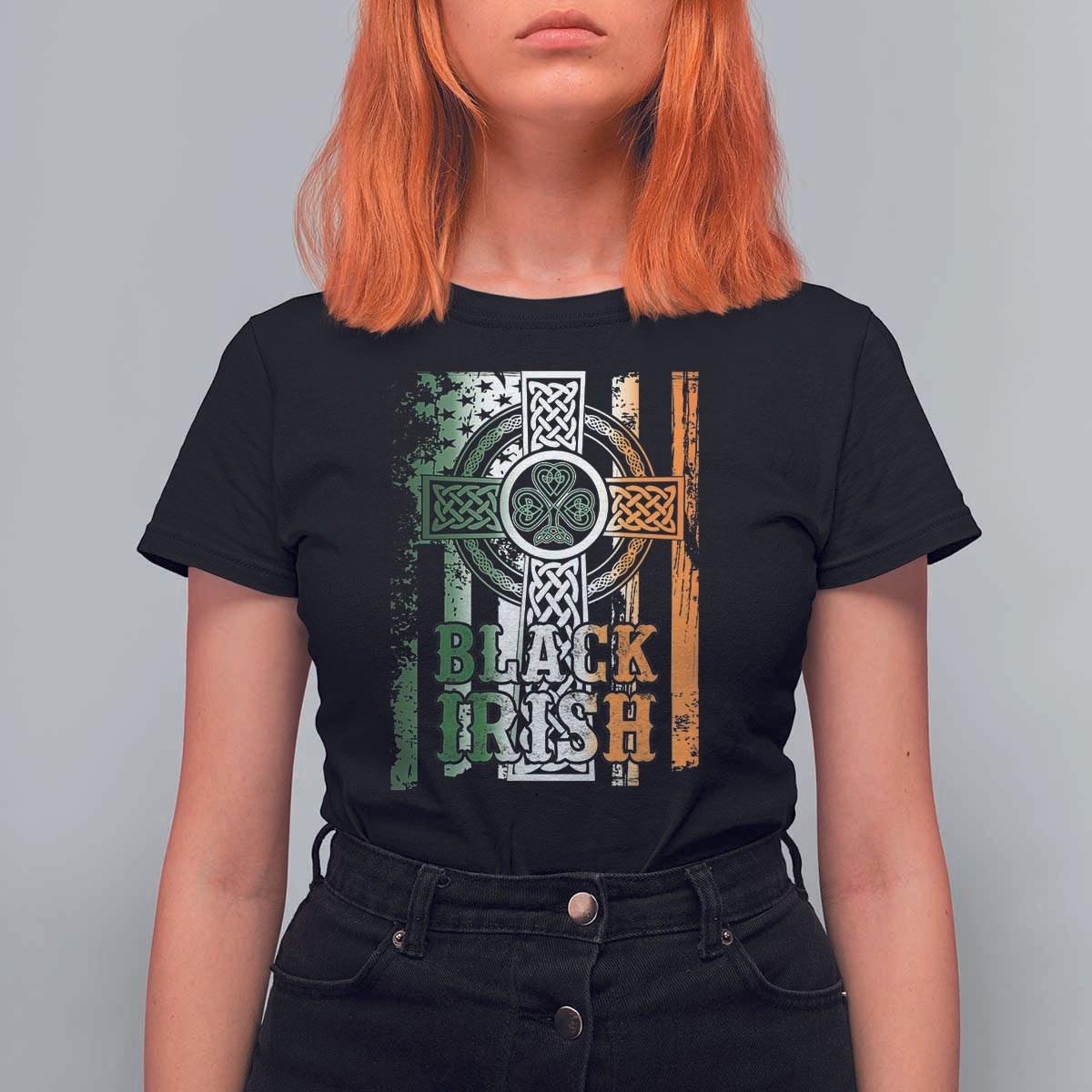 St Patrick's Day Black Irish T Shirt For Women Vintage American Flag Celtic Cross