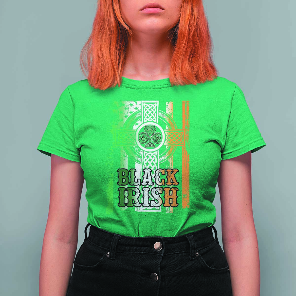 St Patrick's Day Black Irish T Shirt For Women Vintage American Flag Celtic Cross