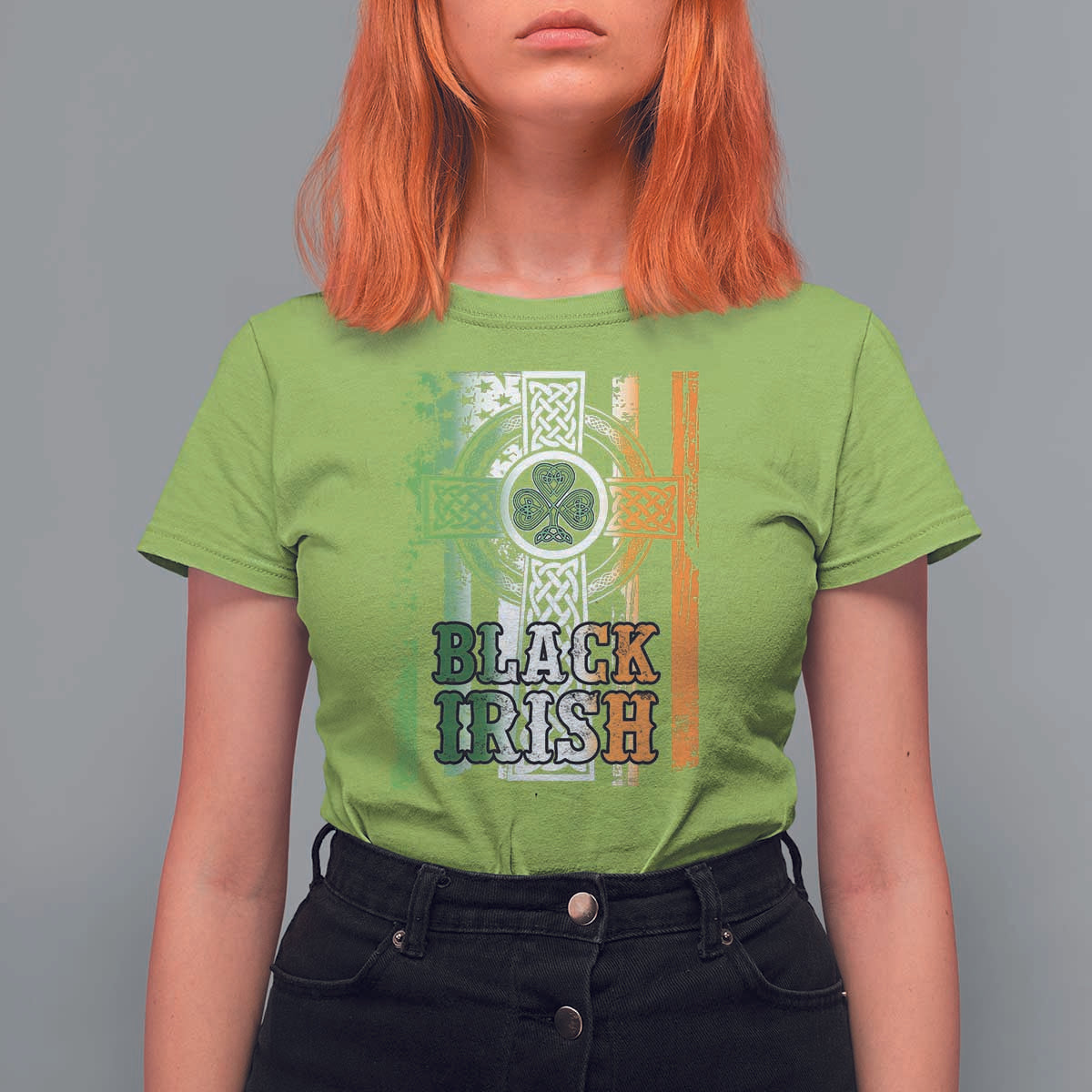 St Patrick's Day Black Irish T Shirt For Women Vintage American Flag Celtic Cross
