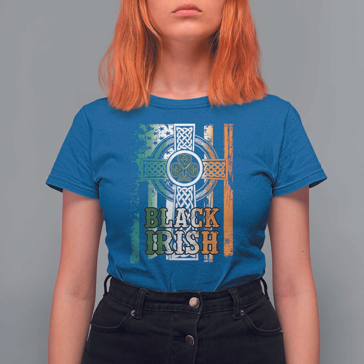 St Patrick's Day Black Irish T Shirt For Women Vintage American Flag Celtic Cross