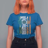 St Patrick's Day Black Irish T Shirt For Women Vintage American Flag Celtic Cross