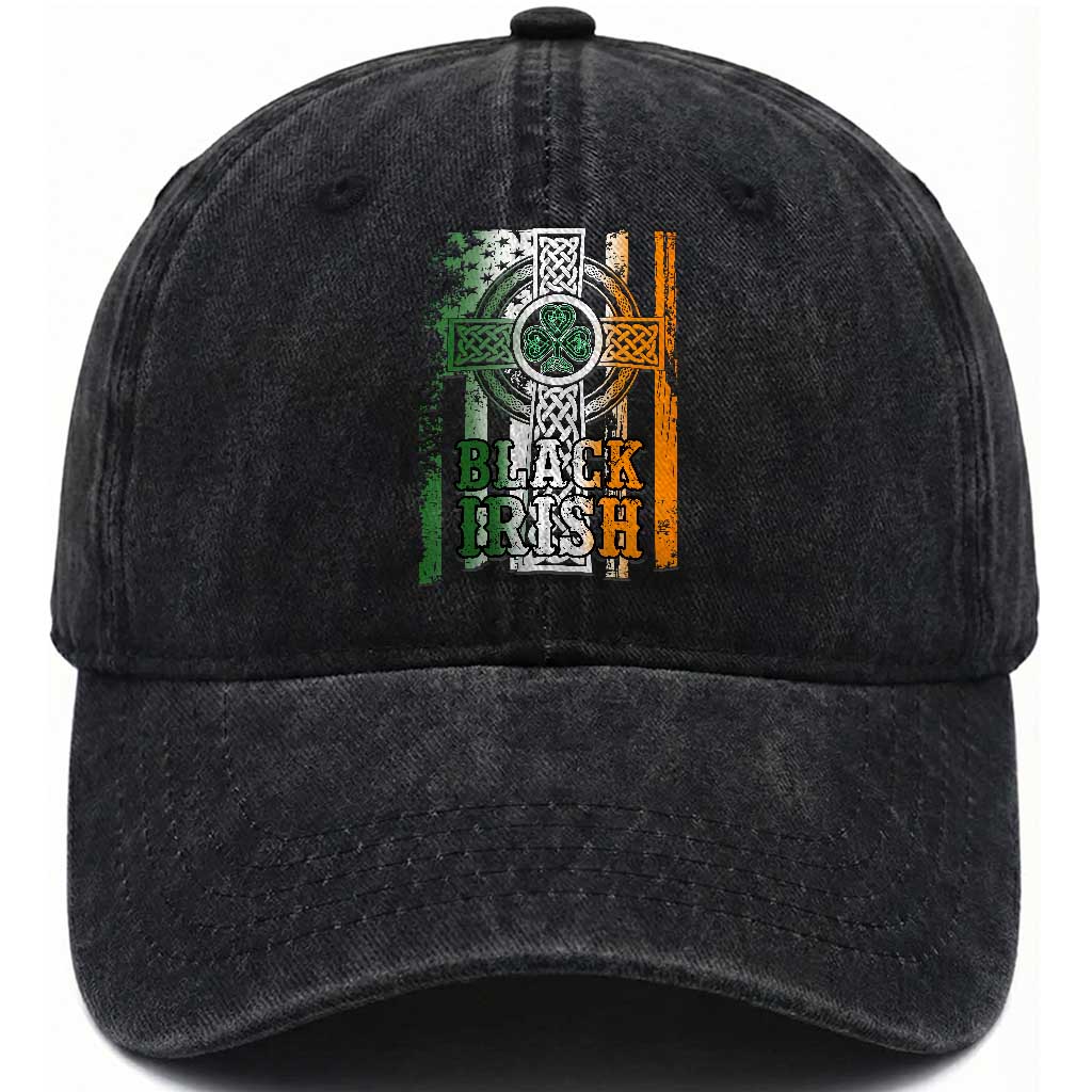St Patrick's Day Black Irish Washed Cotton Baseball Cap Vintage American Flag Celtic Cross