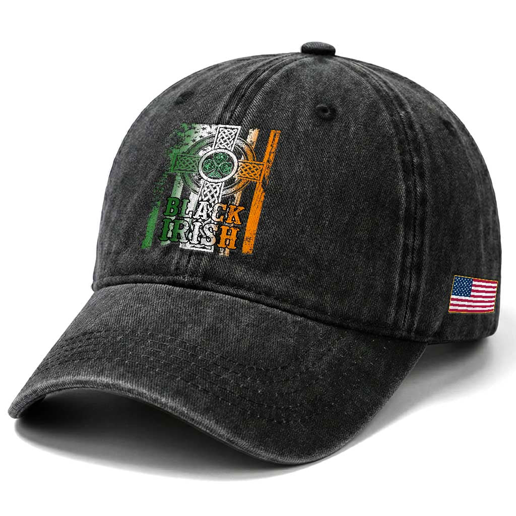 St Patrick's Day Black Irish Washed Cotton Baseball Cap Vintage American Flag Celtic Cross