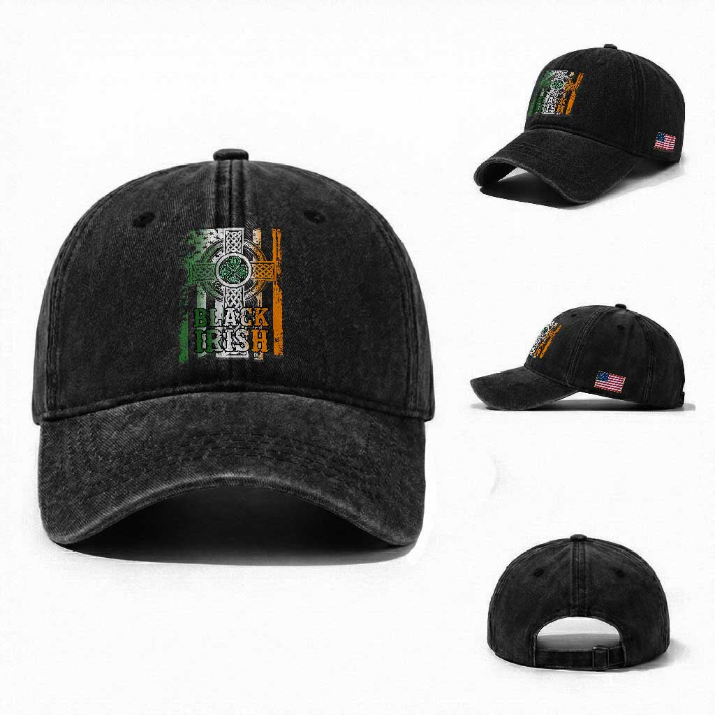 St Patrick's Day Black Irish Washed Cotton Baseball Cap Vintage American Flag Celtic Cross