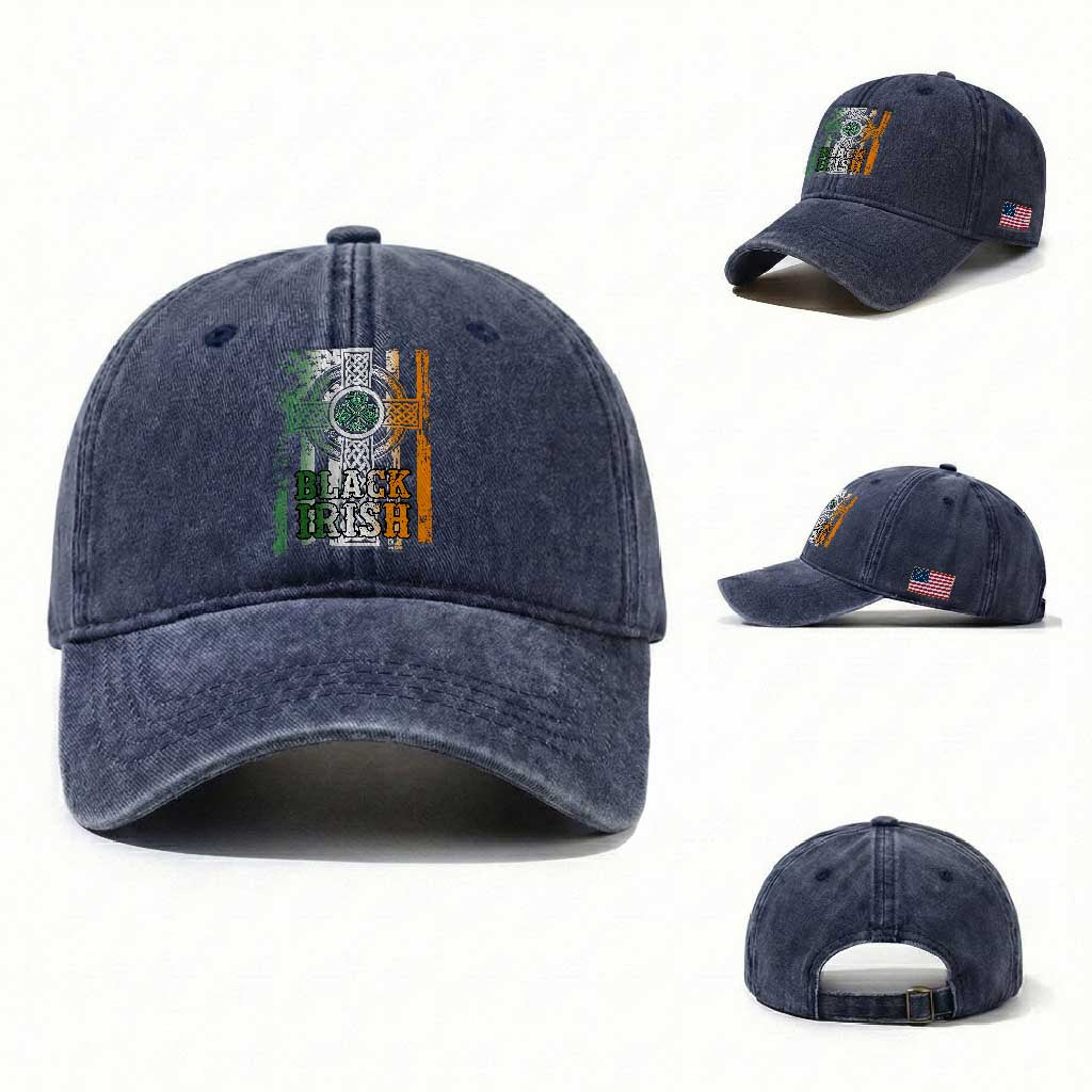 St Patrick's Day Black Irish Washed Cotton Baseball Cap Vintage American Flag Celtic Cross