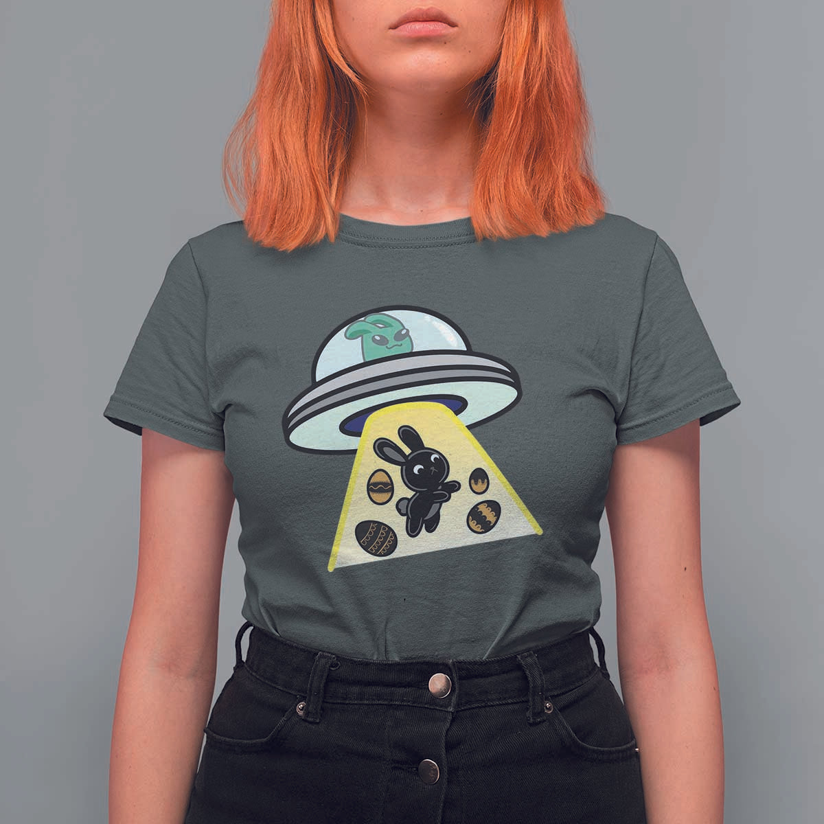 Funny Easter Day UFO Alien Bunny T Shirt For Women
