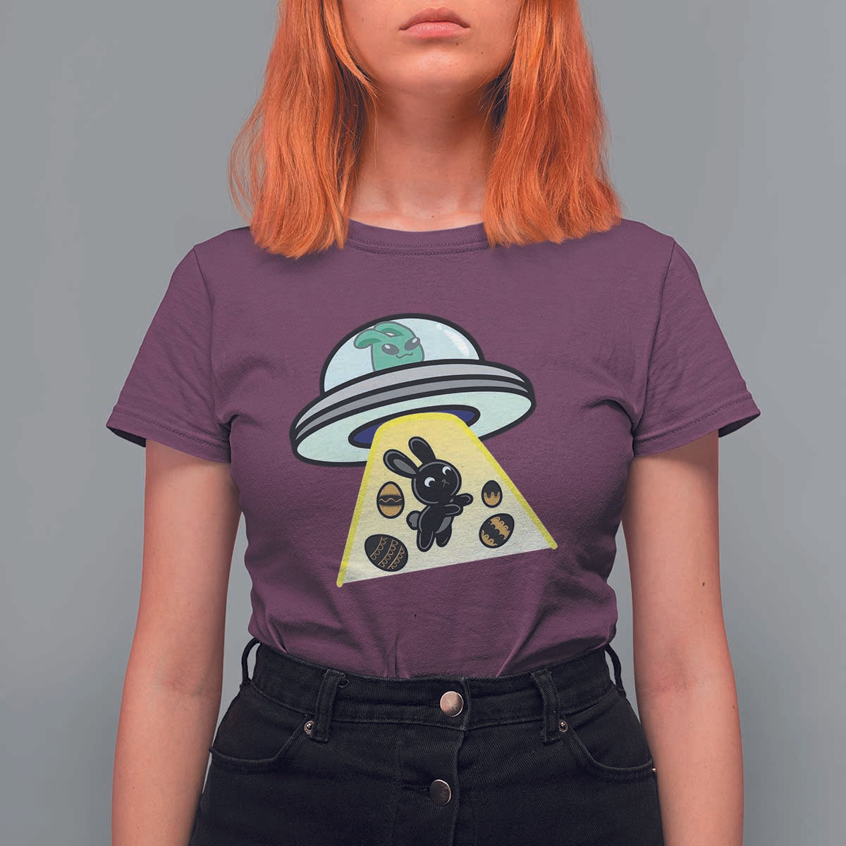 Funny Easter Day UFO Alien Bunny T Shirt For Women