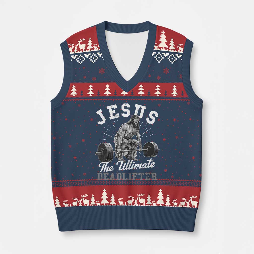 Funny Jesus The Ultimate Deadlifter V-Neck Knit Sweater Vest Christian Workout Gym - Wonder Print Shop