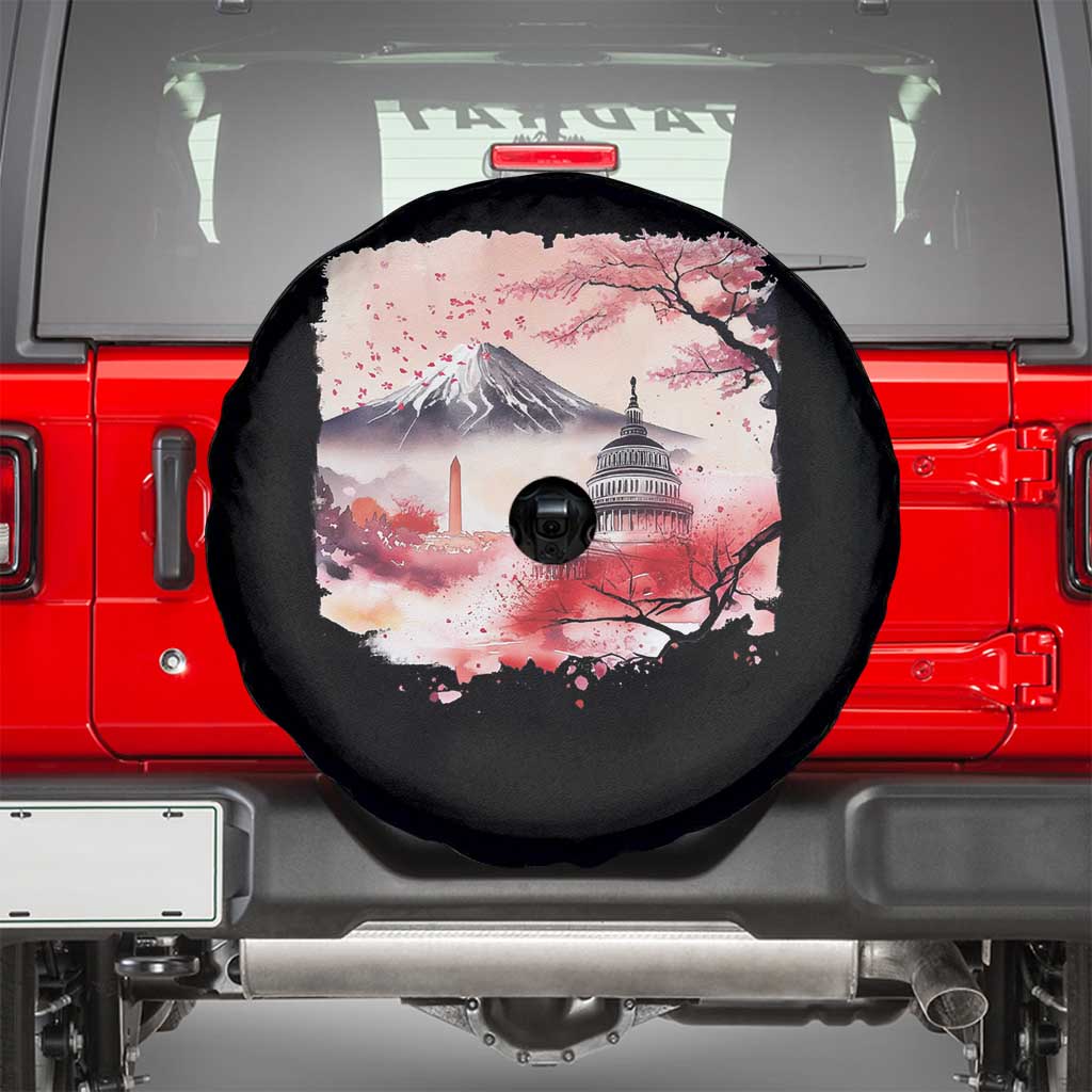 Washington DC Cherry Blossoms Monuments Memorials Spare Tire Cover Japanese Art Style Mount Fuji Sakura