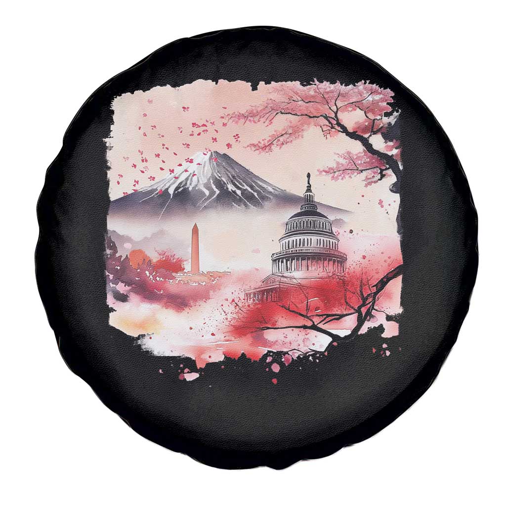 Washington DC Cherry Blossoms Monuments Memorials Spare Tire Cover Japanese Art Style Mount Fuji Sakura