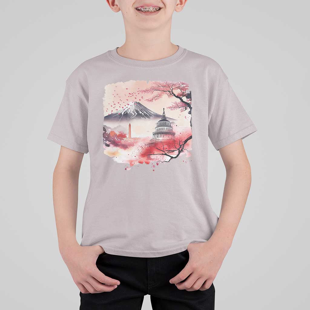 Washington DC Cherry Blossoms Monuments Memorials T Shirt For Kid Japanese Art Style Mount Fuji Sakura