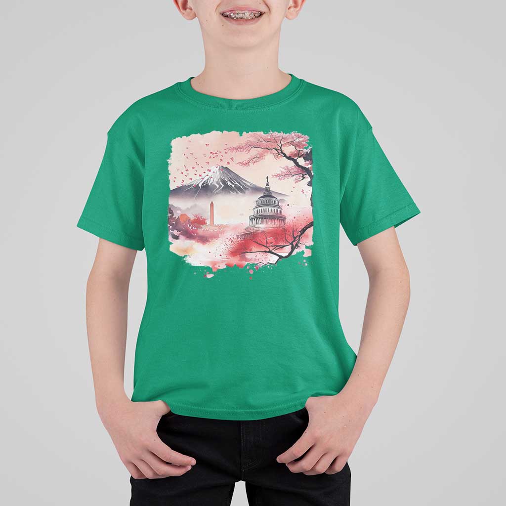 Washington DC Cherry Blossoms Monuments Memorials T Shirt For Kid Japanese Art Style Mount Fuji Sakura