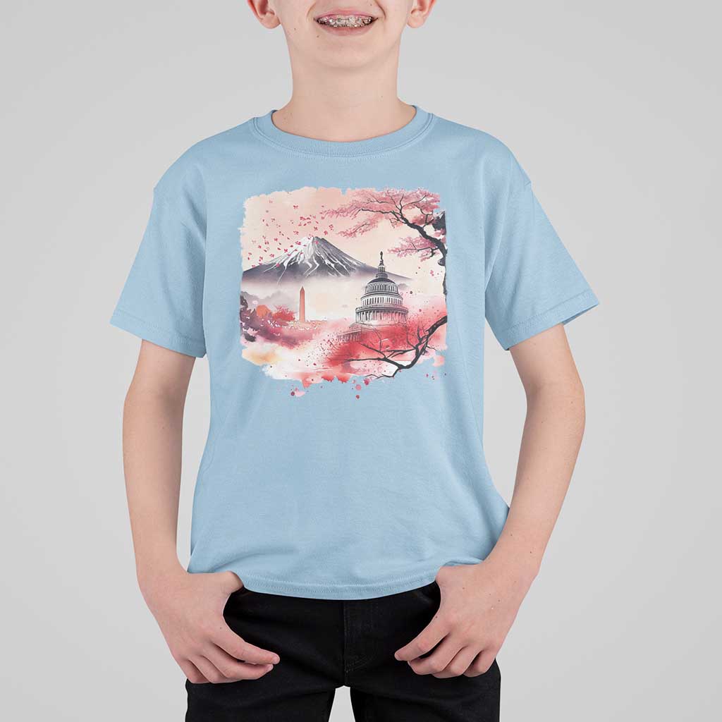 Washington DC Cherry Blossoms Monuments Memorials T Shirt For Kid Japanese Art Style Mount Fuji Sakura