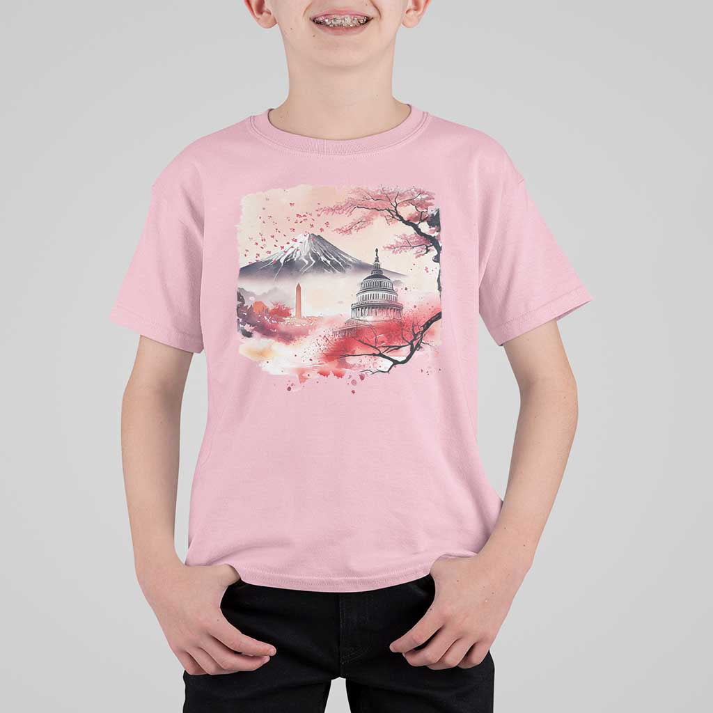 Washington DC Cherry Blossoms Monuments Memorials T Shirt For Kid Japanese Art Style Mount Fuji Sakura