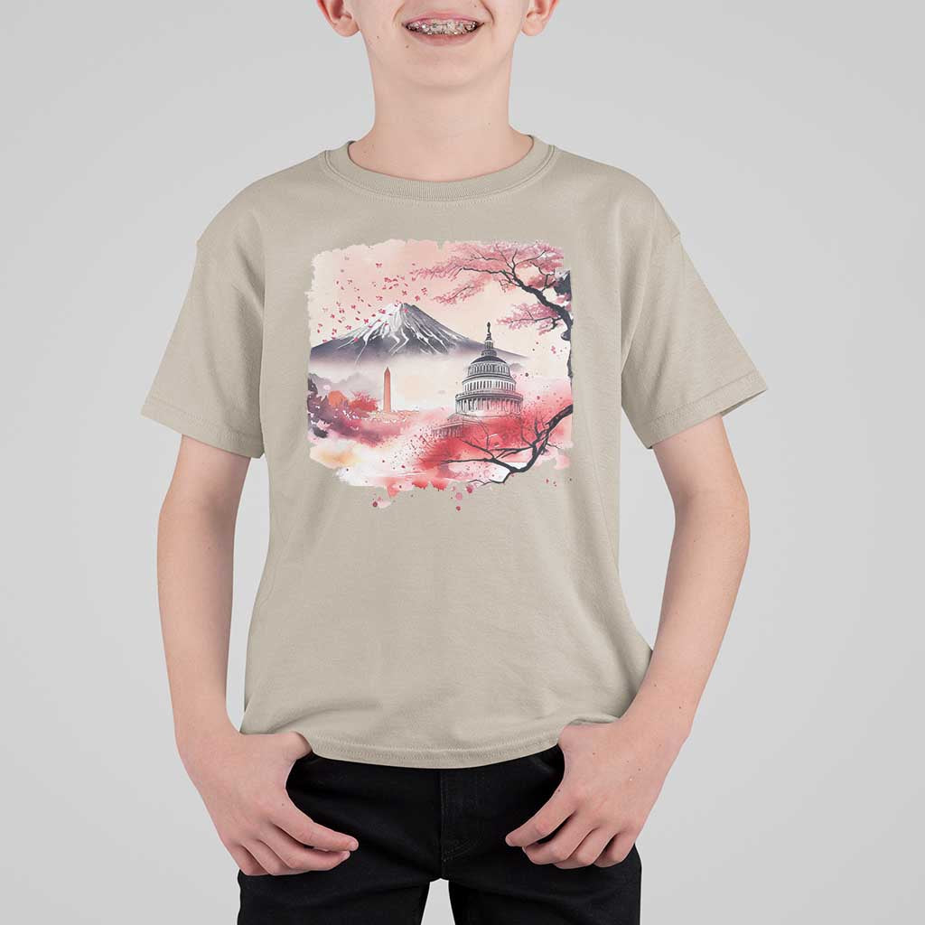 Washington DC Cherry Blossoms Monuments Memorials T Shirt For Kid Japanese Art Style Mount Fuji Sakura