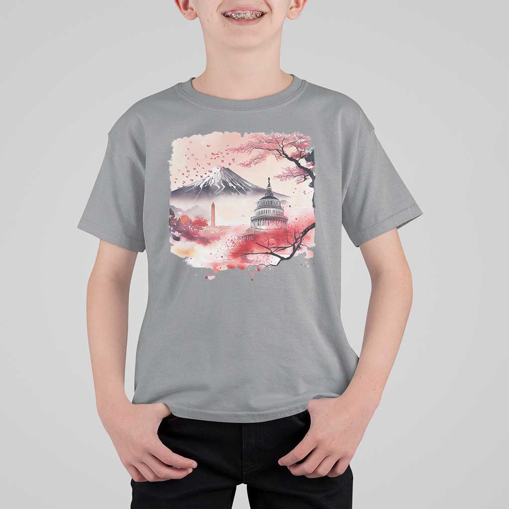 Washington DC Cherry Blossoms Monuments Memorials T Shirt For Kid Japanese Art Style Mount Fuji Sakura