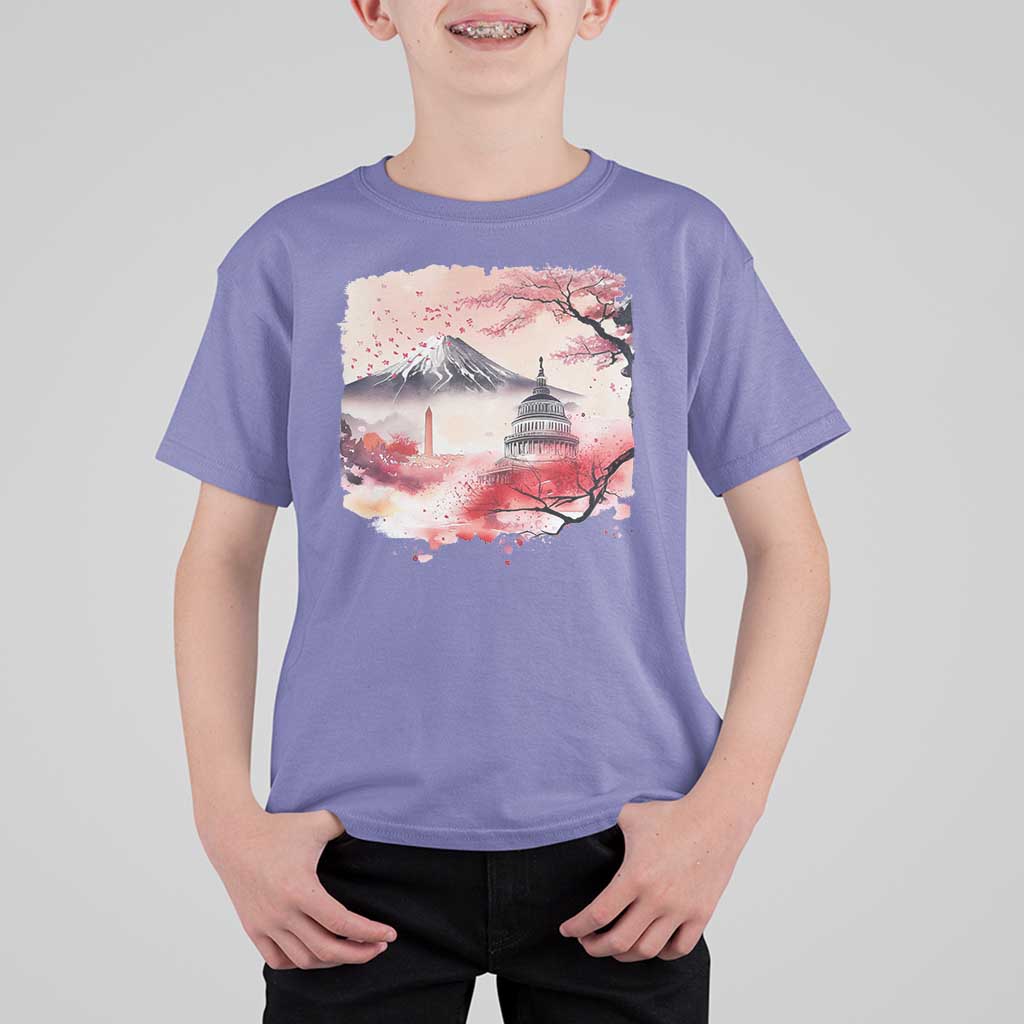Washington DC Cherry Blossoms Monuments Memorials T Shirt For Kid Japanese Art Style Mount Fuji Sakura