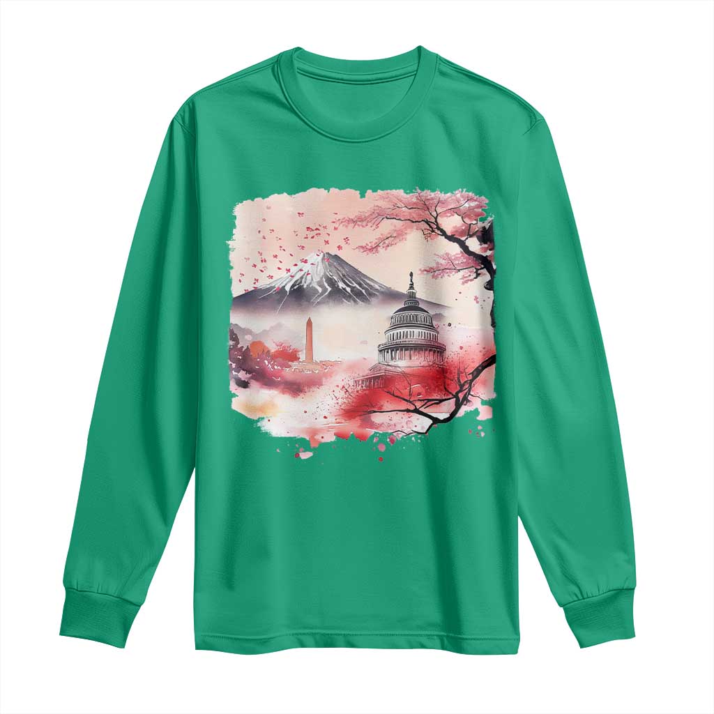 Washington DC Cherry Blossoms Monuments Memorials Long Sleeve Shirt Japanese Art Style Mount Fuji Sakura