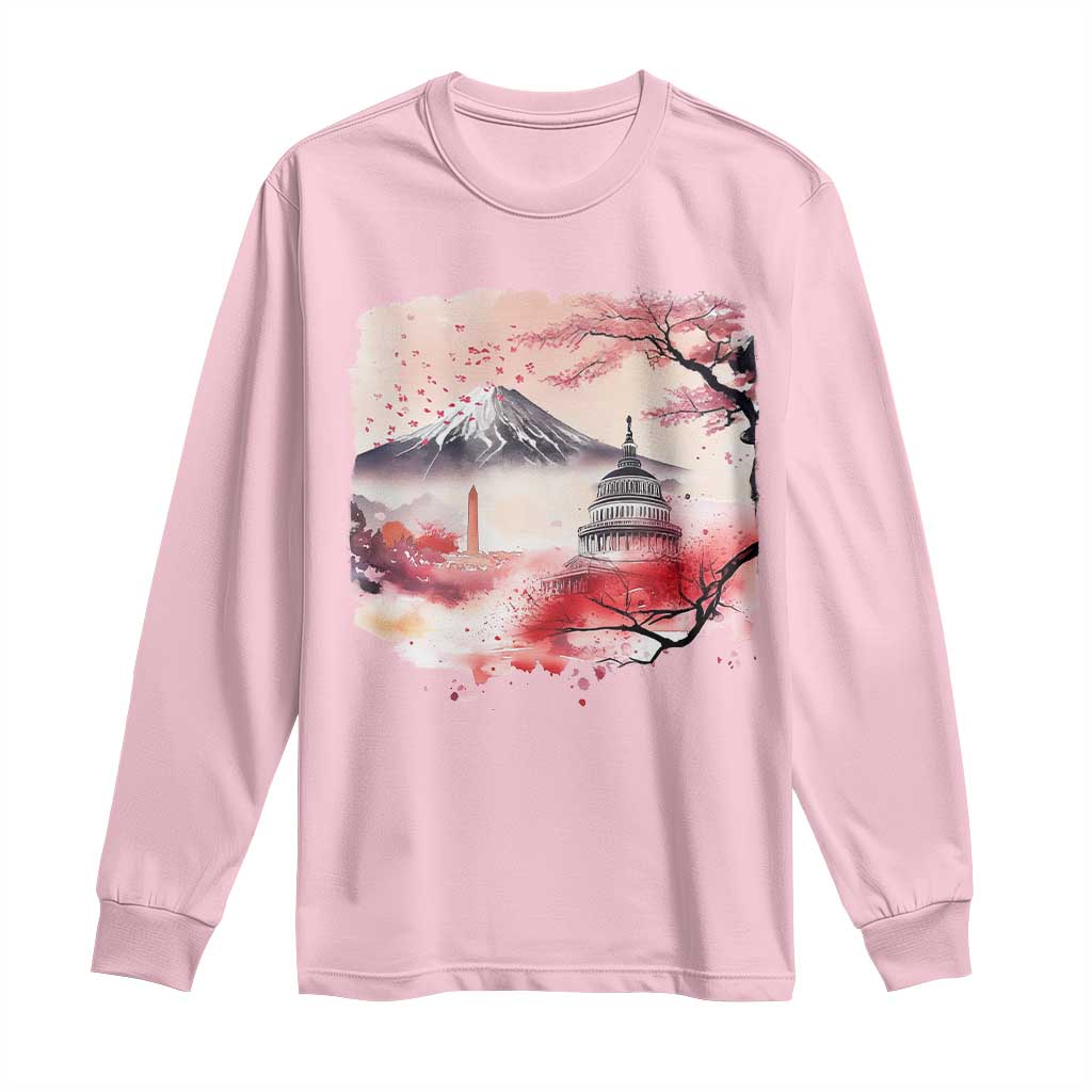 Washington DC Cherry Blossoms Monuments Memorials Long Sleeve Shirt Japanese Art Style Mount Fuji Sakura