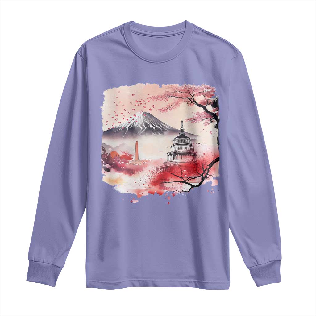 Washington DC Cherry Blossoms Monuments Memorials Long Sleeve Shirt Japanese Art Style Mount Fuji Sakura