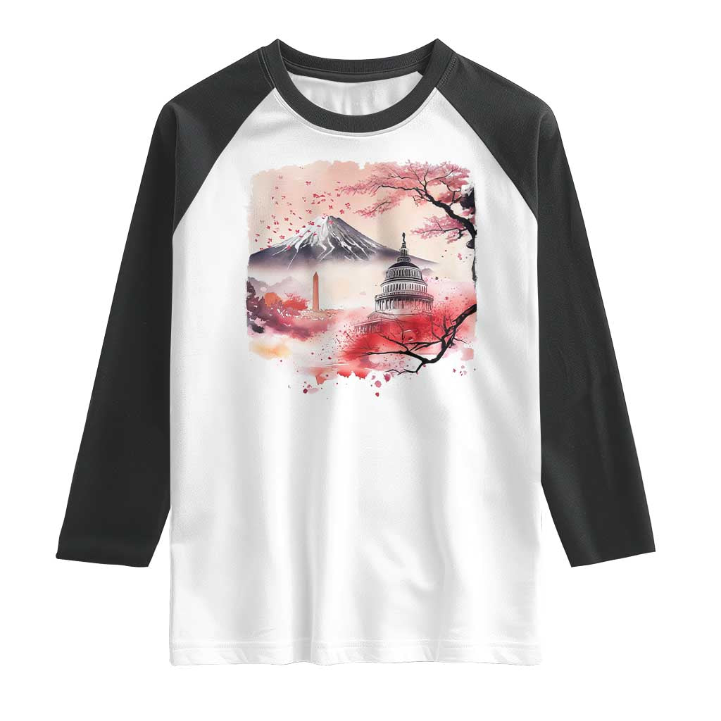 Washington DC Cherry Blossoms Monuments Memorials Raglan Shirt Japanese Art Style Mount Fuji Sakura