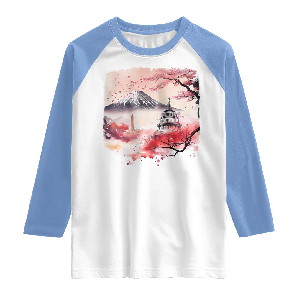 Washington DC Cherry Blossoms Monuments Memorials Raglan Shirt Japanese Art Style Mount Fuji Sakura
