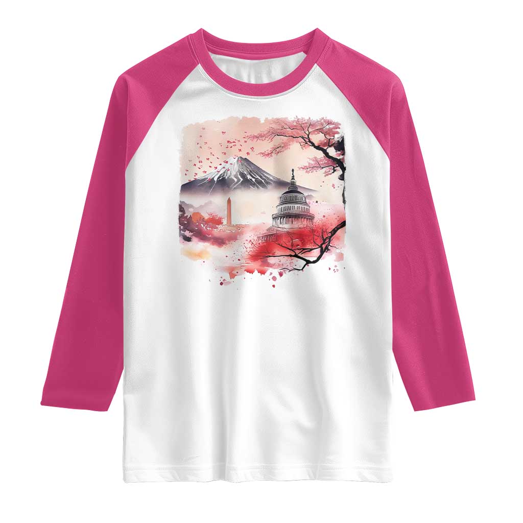 Washington DC Cherry Blossoms Monuments Memorials Raglan Shirt Japanese Art Style Mount Fuji Sakura