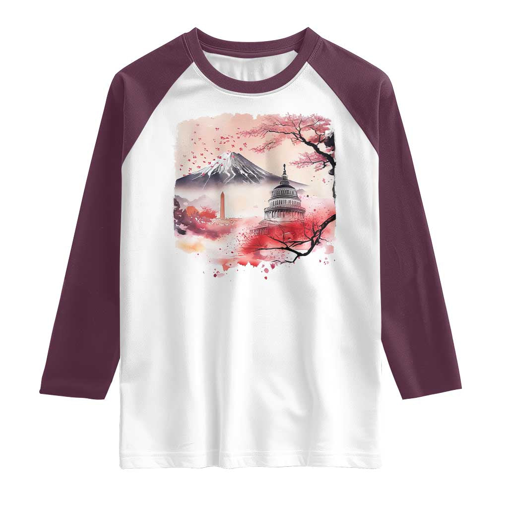 Washington DC Cherry Blossoms Monuments Memorials Raglan Shirt Japanese Art Style Mount Fuji Sakura