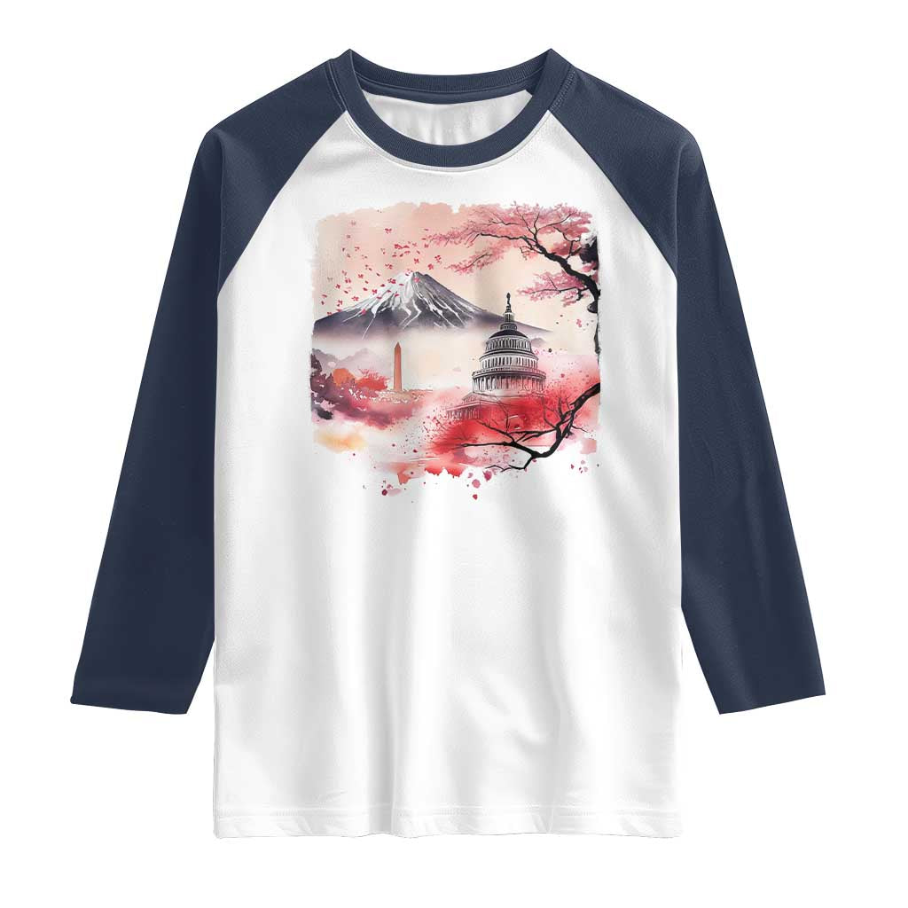 Washington DC Cherry Blossoms Monuments Memorials Raglan Shirt Japanese Art Style Mount Fuji Sakura