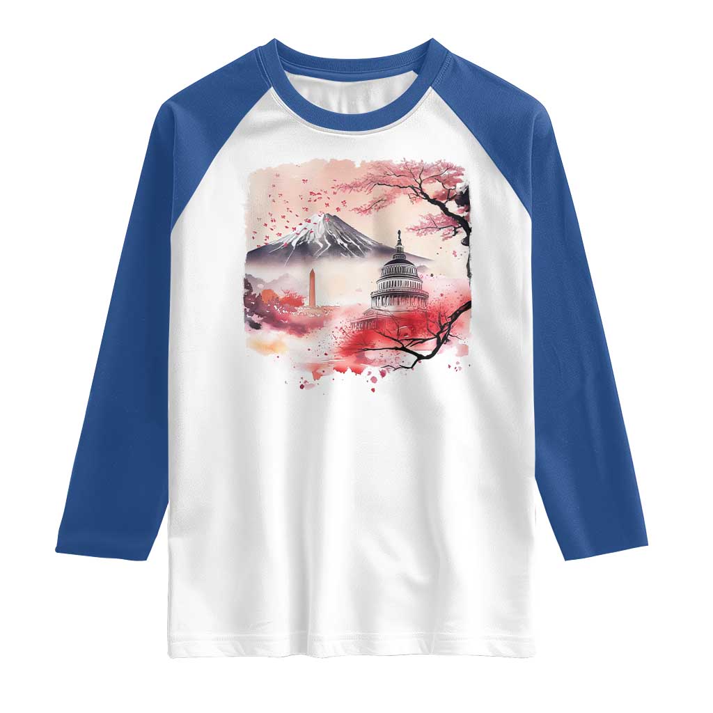 Washington DC Cherry Blossoms Monuments Memorials Raglan Shirt Japanese Art Style Mount Fuji Sakura