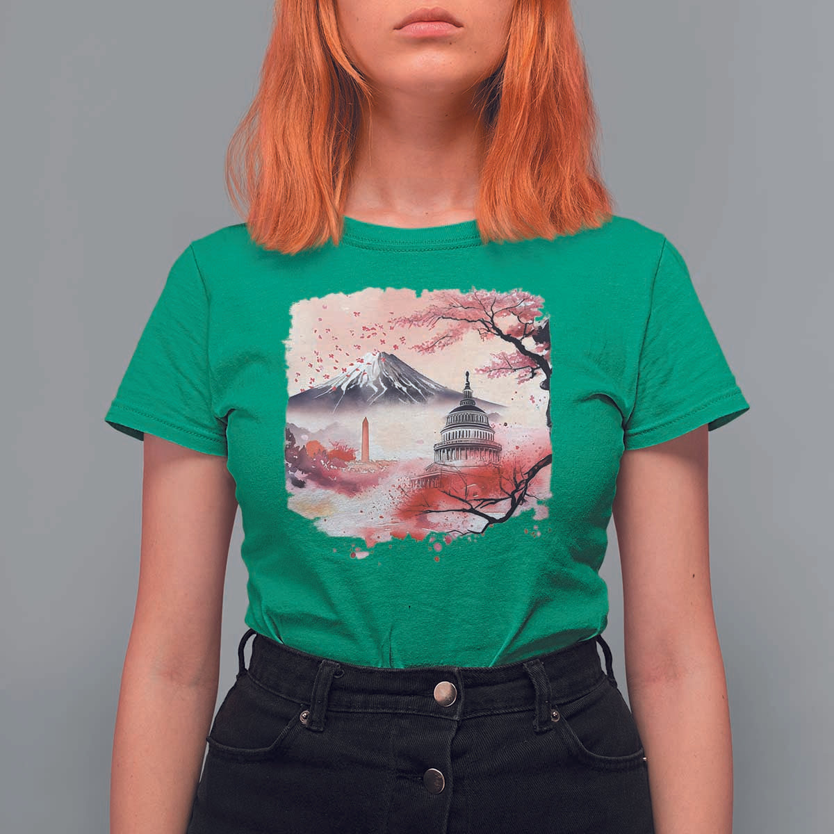Washington DC Cherry Blossoms Monuments Memorials T Shirt For Women Japanese Art Style Mount Fuji Sakura