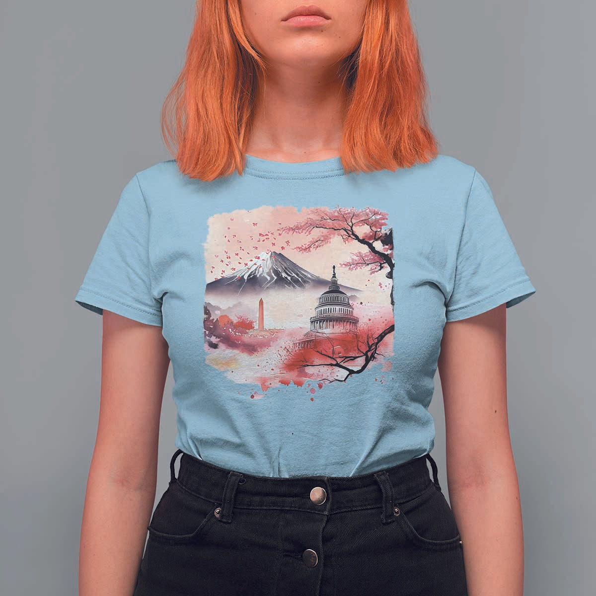 Washington DC Cherry Blossoms Monuments Memorials T Shirt For Women Japanese Art Style Mount Fuji Sakura