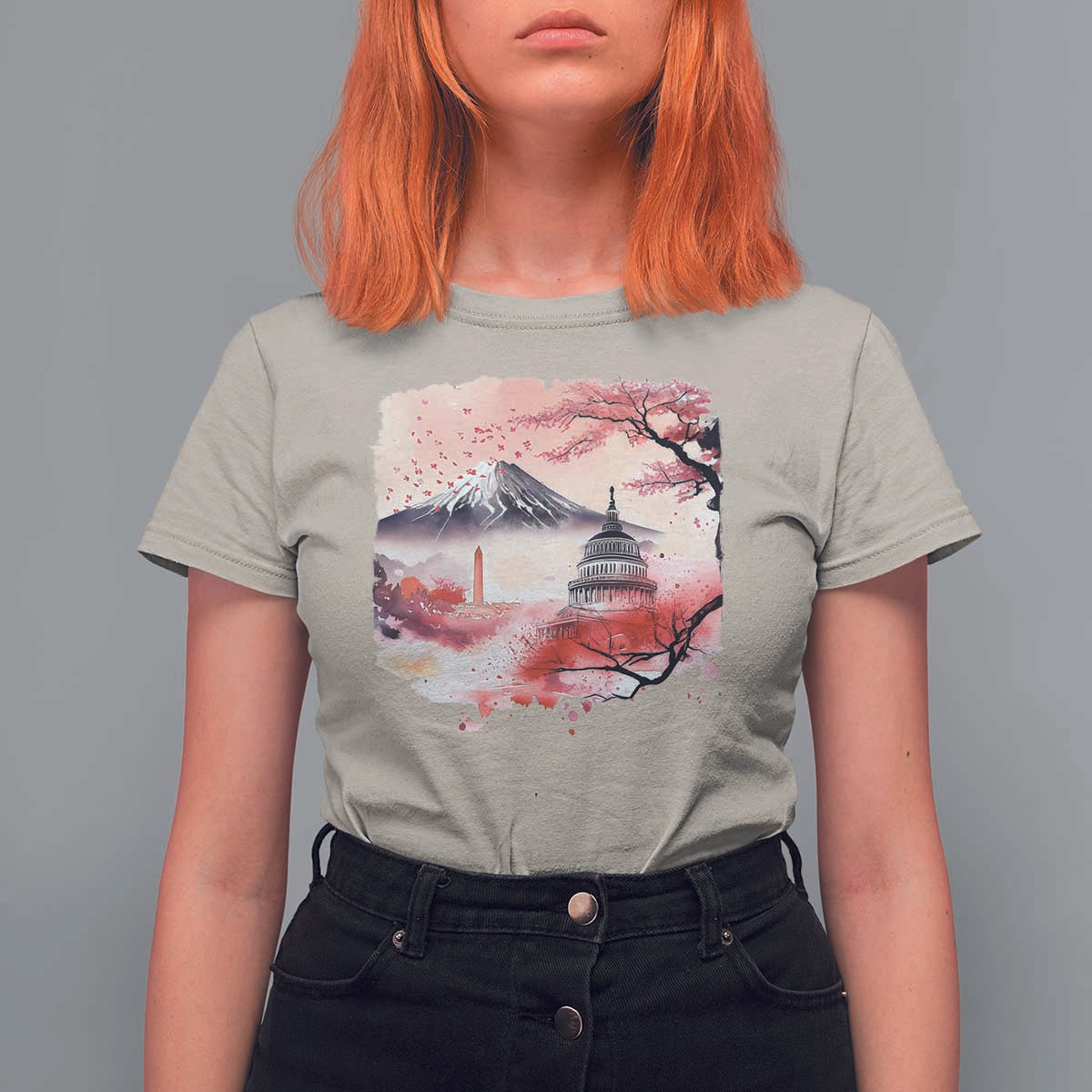 Washington DC Cherry Blossoms Monuments Memorials T Shirt For Women Japanese Art Style Mount Fuji Sakura
