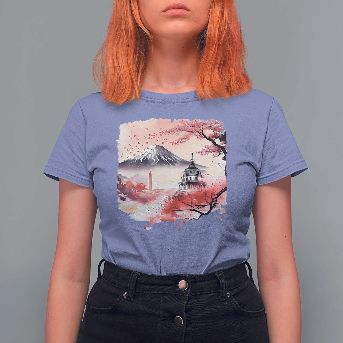 Washington DC Cherry Blossoms Monuments Memorials T Shirt For Women Japanese Art Style Mount Fuji Sakura
