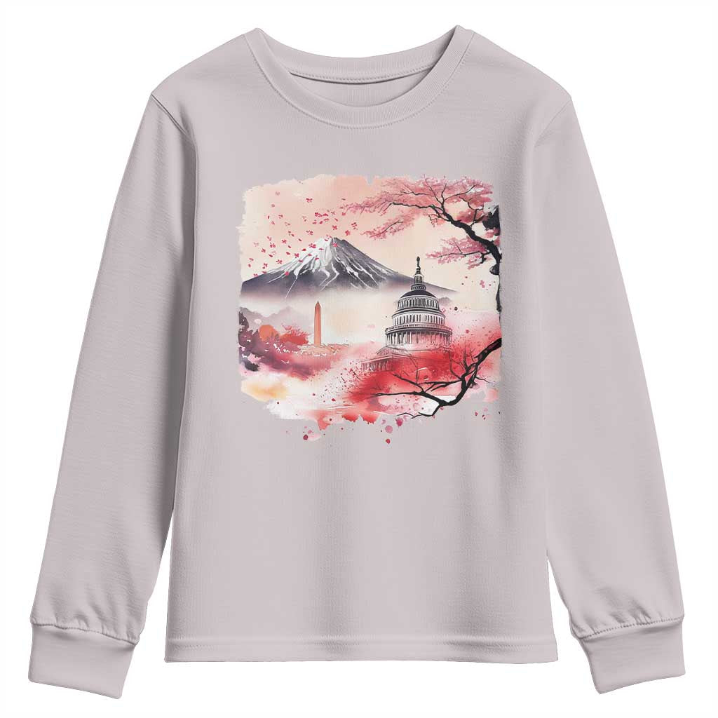 Washington DC Cherry Blossoms Monuments Memorials Youth Sweatshirt Japanese Art Style Mount Fuji Sakura