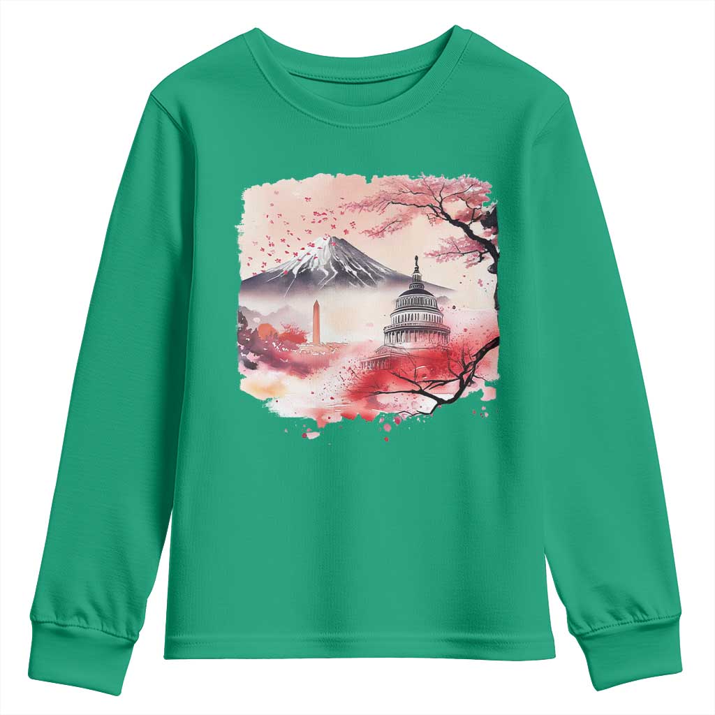 Washington DC Cherry Blossoms Monuments Memorials Youth Sweatshirt Japanese Art Style Mount Fuji Sakura