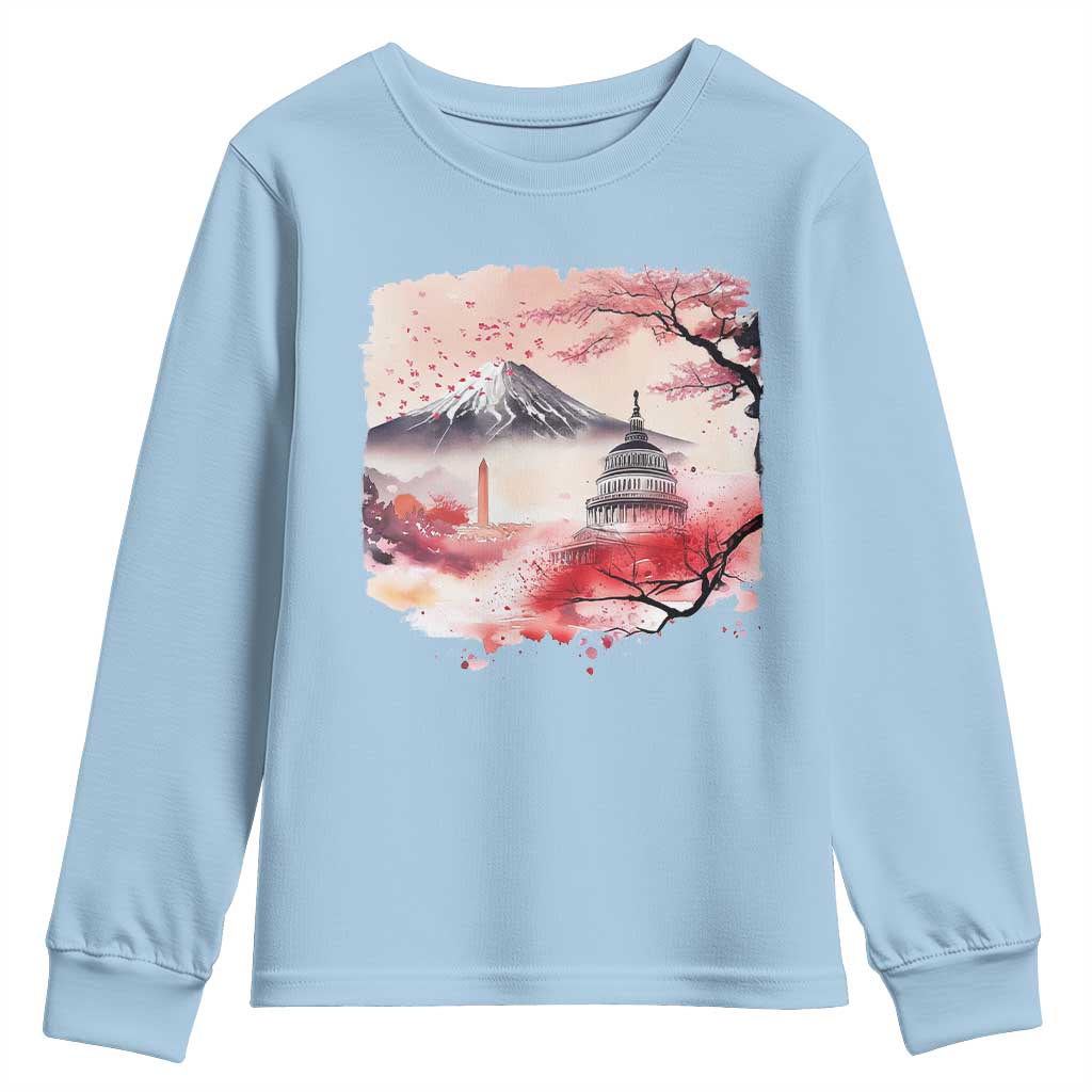 Washington DC Cherry Blossoms Monuments Memorials Youth Sweatshirt Japanese Art Style Mount Fuji Sakura
