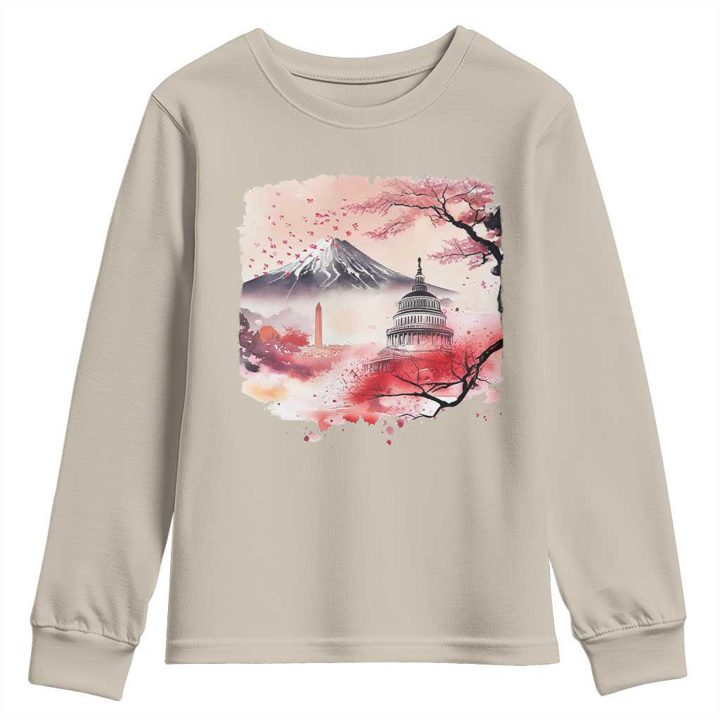 Washington DC Cherry Blossoms Monuments Memorials Youth Sweatshirt Japanese Art Style Mount Fuji Sakura