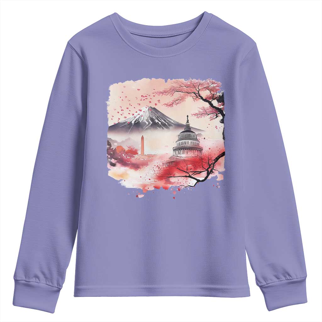 Washington DC Cherry Blossoms Monuments Memorials Youth Sweatshirt Japanese Art Style Mount Fuji Sakura