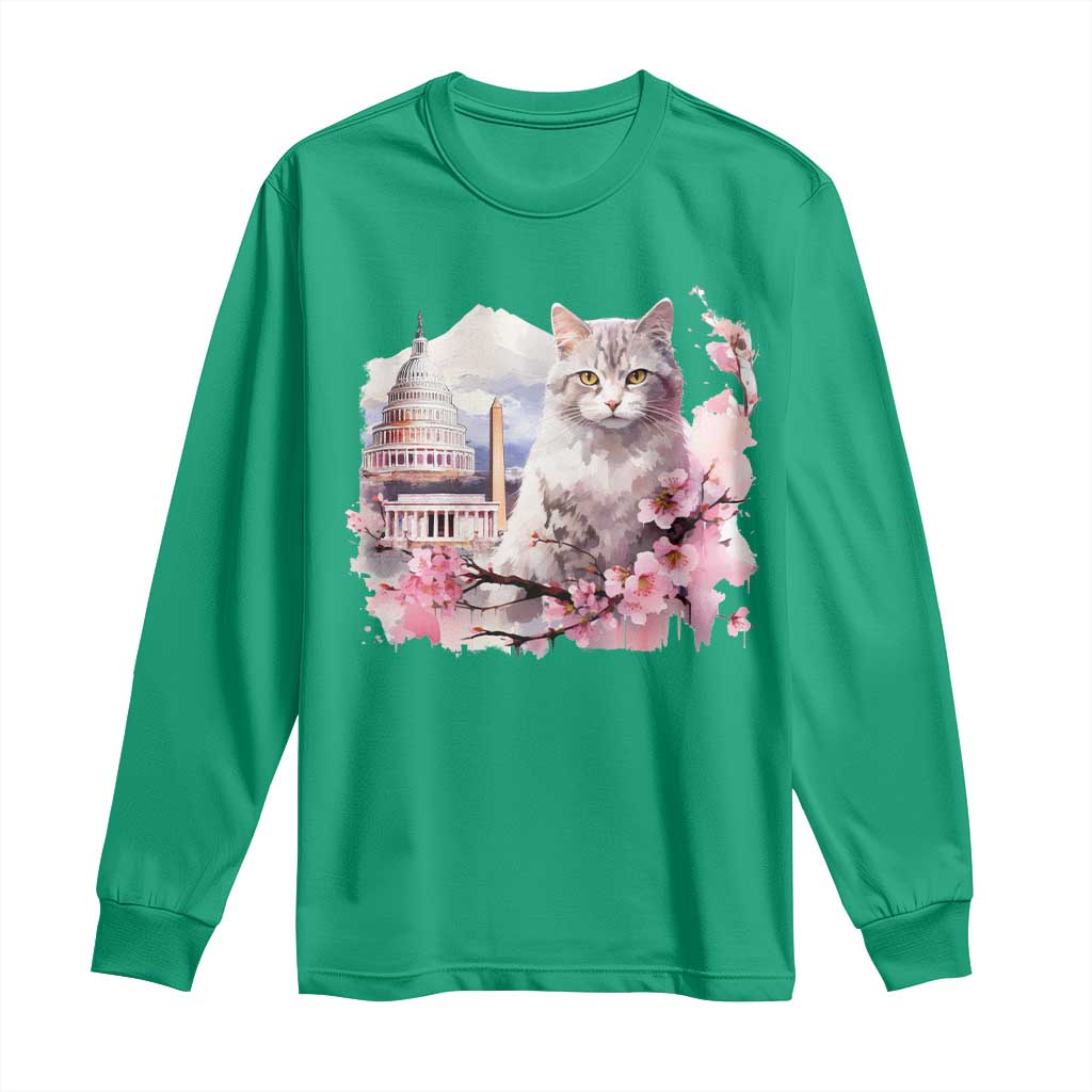 Washington DC Cat Cherry Blossoms Long Sleeve Shirt Capitol Building Monuments Memorials Sakura