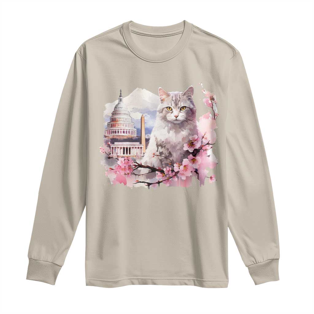 Washington DC Cat Cherry Blossoms Long Sleeve Shirt Capitol Building Monuments Memorials Sakura