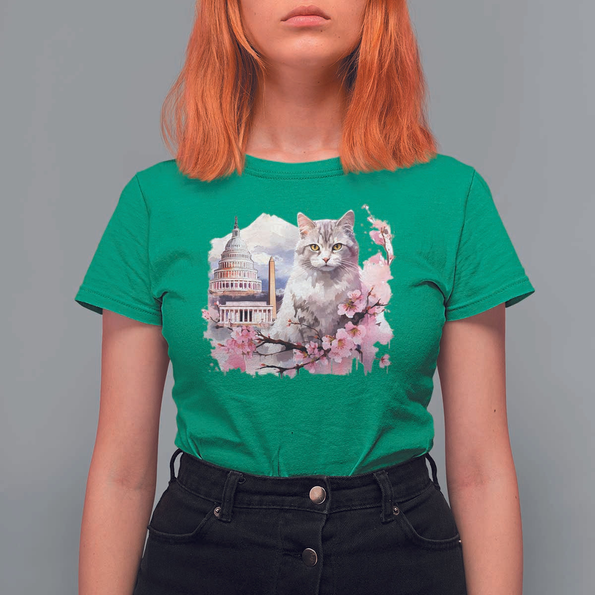 Washington DC Cat Cherry Blossoms T Shirt For Women Capitol Building Monuments Memorials Sakura