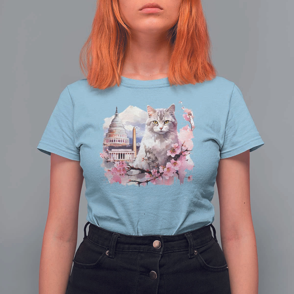 Washington DC Cat Cherry Blossoms T Shirt For Women Capitol Building Monuments Memorials Sakura