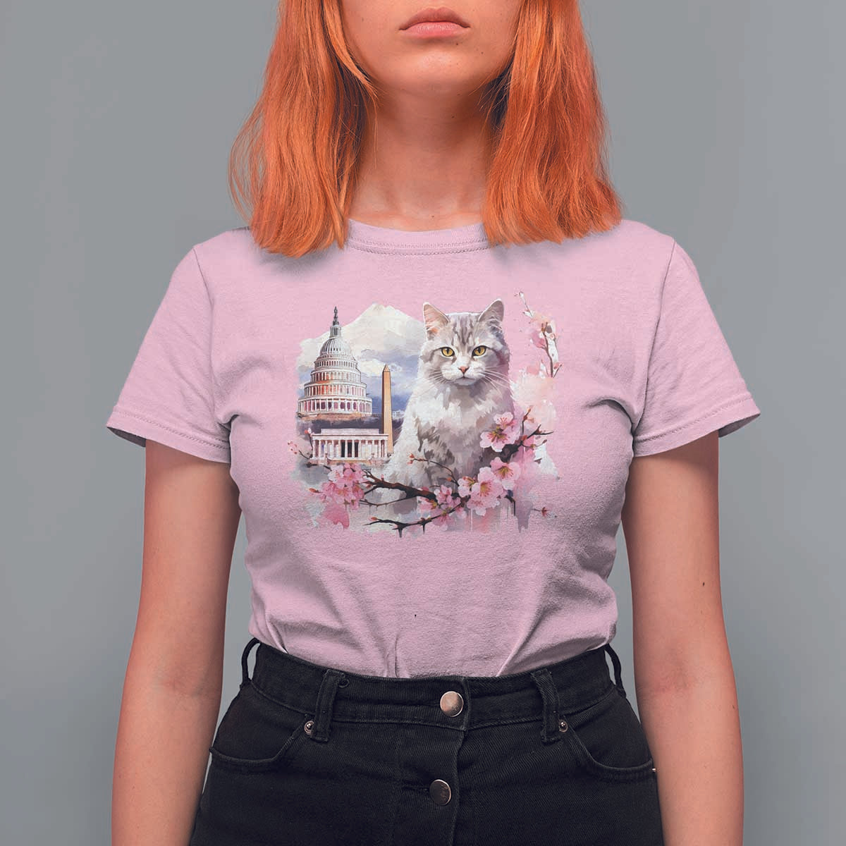 Washington DC Cat Cherry Blossoms T Shirt For Women Capitol Building Monuments Memorials Sakura