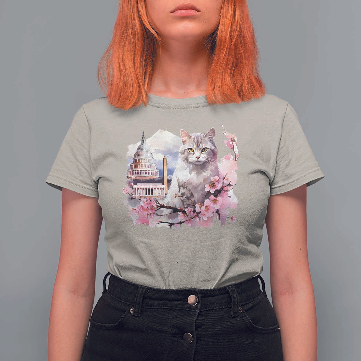 Washington DC Cat Cherry Blossoms T Shirt For Women Capitol Building Monuments Memorials Sakura