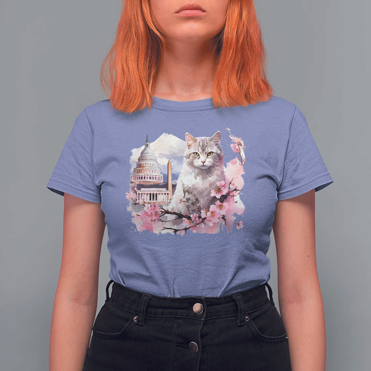 Washington DC Cat Cherry Blossoms T Shirt For Women Capitol Building Monuments Memorials Sakura