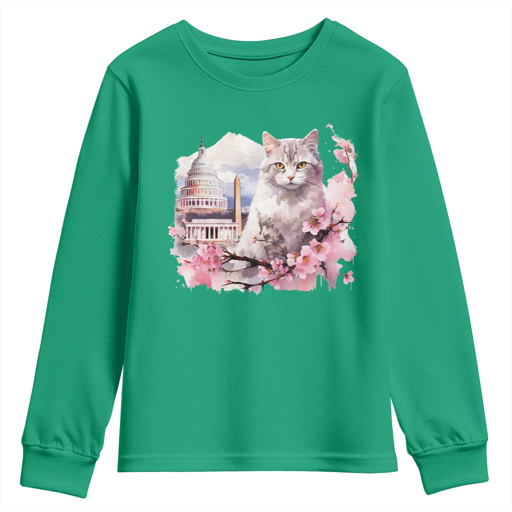 Washington DC Cat Cherry Blossoms Youth Sweatshirt Capitol Building Monuments Memorials Sakura