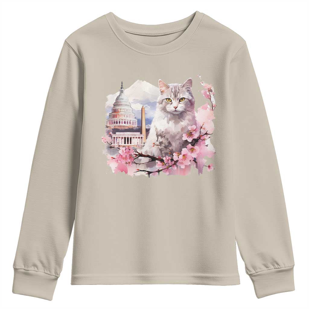 Washington DC Cat Cherry Blossoms Youth Sweatshirt Capitol Building Monuments Memorials Sakura