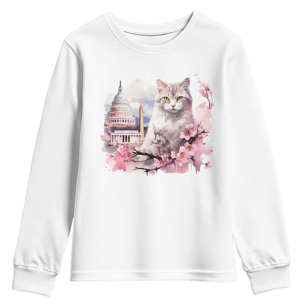 Washington DC Cat Cherry Blossoms Youth Sweatshirt Capitol Building Monuments Memorials Sakura